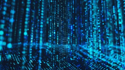 Fototapete - Blue digital code flows downward, resembling a digital rain effect, against a black background.