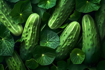 Wall Mural - Fresh Cucumbers Nestled Among Lush Green Leaves