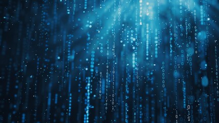 Poster - Binary code falls like rain on a dark blue background. The light from the code illuminates the scene.