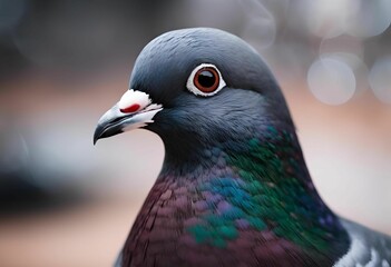 Wall Mural - close-up of a pigeon with iridescent feathers and a blurred background