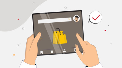 Sticker - vector illustration of a hand holding a tablet with a shopping app interface, showcasing online shop