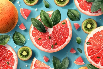 Wall Mural - Vibrant Citrus and Kiwi Fruit Pattern on Blue Background