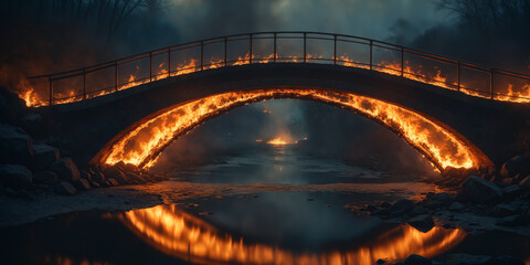 Burning Bridge Over a River