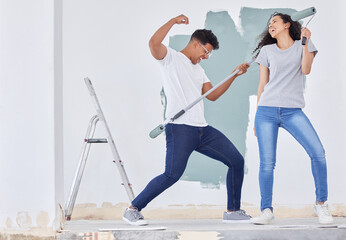 Wall Mural - Happy couple, together or painting home with dancing, teamwork and happiness for apartment upgrade. Man, woman or house with singing for renovation project, creative process with property maintenance