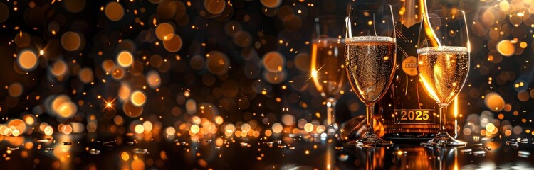 new year's eve 2025 toast with champagne glasses and festive bokeh lights