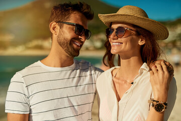 Sticker - Happy, couple and vacation for date, smile and sunglasses for summer, tropical and relax in holiday. Trip, woman and man in Cancun, hat and adventure for romance in marriage, outdoor and travel