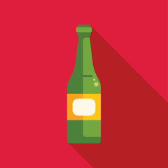 Sticker - Green beer bottle casting long shadow on red background, simple flat design of beverage container