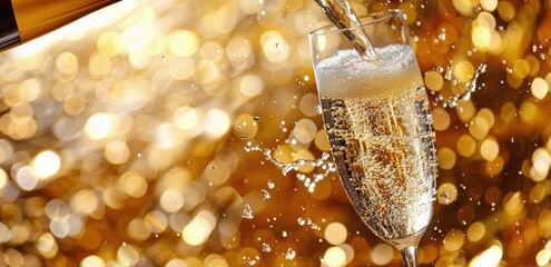 Wall Mural - Sparkling Wine Pouring Into Glass With Bokeh Lights