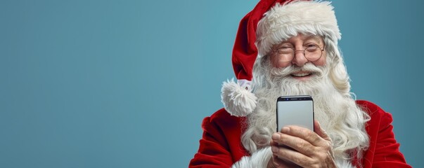 santa claus holding a mobile phone on blue background with white screen, Generative AI