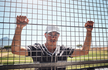 Poster - Baseball, man and portrait outdoor for sport, game and watch match at fence. Player, face or confident athlete in cap at field waiting for chance at practice, fitness or training at stadium in nature