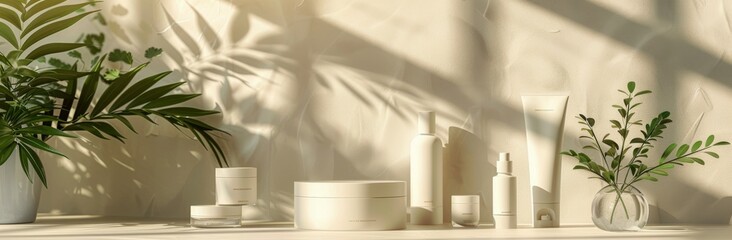 Wall Mural - White Beauty Products Displayed on Tray With Flowers in Vases