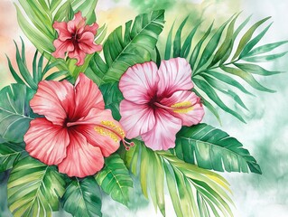 Wall Mural - tropical flower with green leaves. Watercolor flower. Green foliage, wild floral