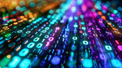 Wall Mural - A close-up abstract view of binary code with bright, colorful lights.