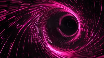Leinwandbilder - Pink light trails form a swirling tunnel with a black center, surrounded by digital binary code.