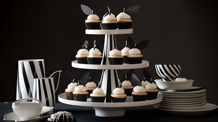 Wall Mural - A three-tiered cake with cupcakes on top.