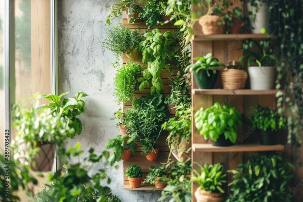 Variety of vibrant green plants thriving in a stylish wooden vertical ...