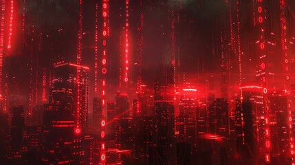 Aufkleber - A futuristic cityscape illuminated by red lights and binary code. The scene is dark and mysterious, with the buildings glowing in the distance.