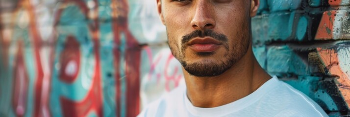 Poster - A man with a beard and short hair is standing against a wall with colorful graffiti. He is wearing a white t-shirt and is looking directly at the camera