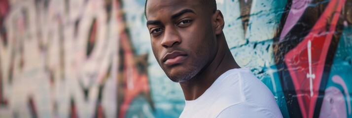 Poster - A man stands against a graffiti-covered wall, his face showing a serious expression. His white t-shirt and the urban backdrop create a contrast