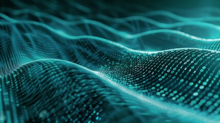 Fototapete - A digital binary code wave background. The abstract image features blue and green tones.