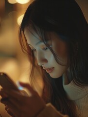 A woman stares at her cell phone in the dimly lit environment, possibly feeling isolated or lost