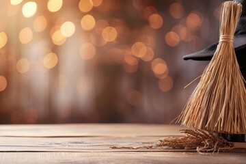 Witch broom and hat on neutral background with space for text.