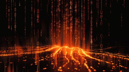 Poster - Orange binary code falls like rain over a glowing, digital landscape.