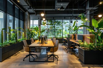 Wall Mural - Modern open space office interior with desks and chairs, large windows, green plants, black lighting fixtures Generative AI