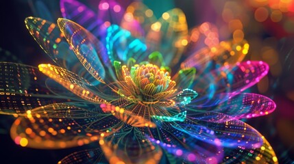 Aufkleber - A close-up of a vibrant digital flower with petals glowing in iridescent colors.
