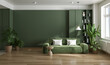 © LEKSTOCK 3D - Scandinavian interior living room design,cozy home have new green sofa with green wall mockup with cabinet and wood floor parquet, 3d render