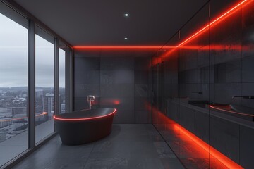 Sticker - Stylish modern interior with neon lighting and panoramic city view perfect for a chic urban retreat