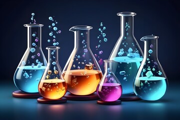 chemistry science laboratory beaker or flask glassware with liquid. medical research lab equipment, 