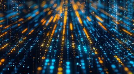 Fototapete - A stream of digital binary code in blue and orange glows with light against a dark background.