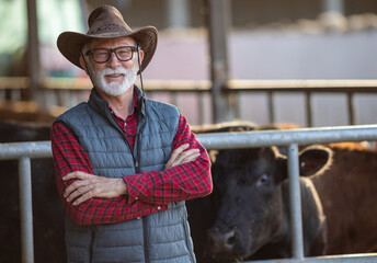 Canvas Print - Farmer with crossed arms in front of cows in stable