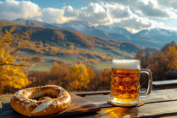 Wall Mural - Beer and Pretzel Against Mountain Backdrop