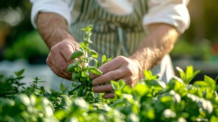 Chef in a white coat picking fresh herbs in a garden. Concept of culinary, cooking, gardening, organic ingredients