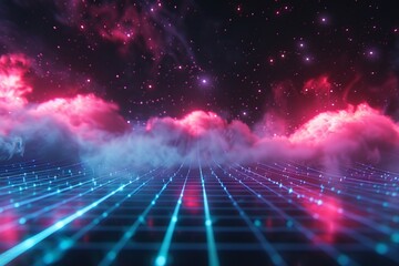 Synthwave wireframe net illustration with smoke or fog. Abstract digital background. 80s, 90s Retro futurism, Retro wave cyber grid. Deep space surfaces. Neon lights glowing. Starry, Generative AI