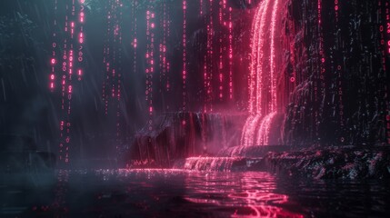 Fototapete - A digital waterfall flows down a rock face in a dark, misty forest. The water is illuminated with bright pink light, and the air is filled with glowing binary code.