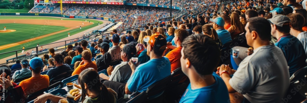A large crowd cheers and enjoys classic ballpark snacks while watching ...