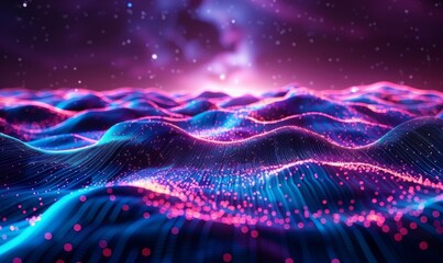 Synthwave wireframe net illustration. Abstract digital background. 80s, 90s Retro futurism, Retro wave cyber grid. Deep space surfaces. Neon lights glowing. Starry background.  3D, Generative AI