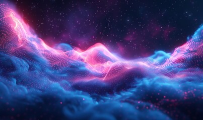Synthwave wireframe net illustration with smoke or fog. Abstract digital background. 80s, 90s Retro futurism, Retro wave cyber grid. Deep space surfaces. Neon lights glowing. Starry, Generative AI