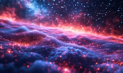 Synthwave wireframe net illustration with smoke or fog. Abstract digital background. 80s, 90s Retro futurism, Retro wave cyber grid. Deep space surfaces. Neon lights glowing. Starry, Generative AI