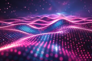 Synthwave wireframe net illustration. Abstract digital background. 80s, 90s Retro futurism, Retro wave cyber grid. Deep space surfaces. Neon lights glowing. Starry background.  3D, Generative AI