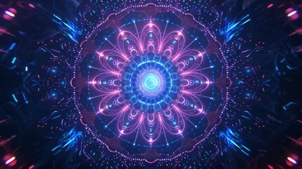 Leinwandbilder - A digital design of a glowing mandala with repeating patterns and vibrant blue and pink neon lights.