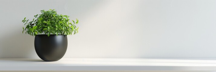 Wall Mural - a black, rounded product display stand sits on a white surface, featuring a potted plant with green 