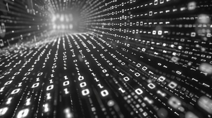 Poster - A digital tunnel composed of binary code stretches into the distance, creating an abstract background.
