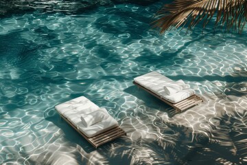 Sticker - Floating lounge chairs in a crystal clear pool perfect for a relaxing and refreshing summer day