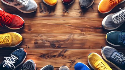 Colorful sneakers array on a wooden floor. Concept of footwear, casual fashion, sports shoes, sneaker collection