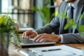 businessman sitting at a desk, using a laptop to fill out an online employee appraisal form, showcasing modern technologies in human resources management.