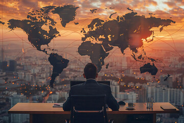 photo of a businessman sitting at a desk working on a computer with a global map in the background, 